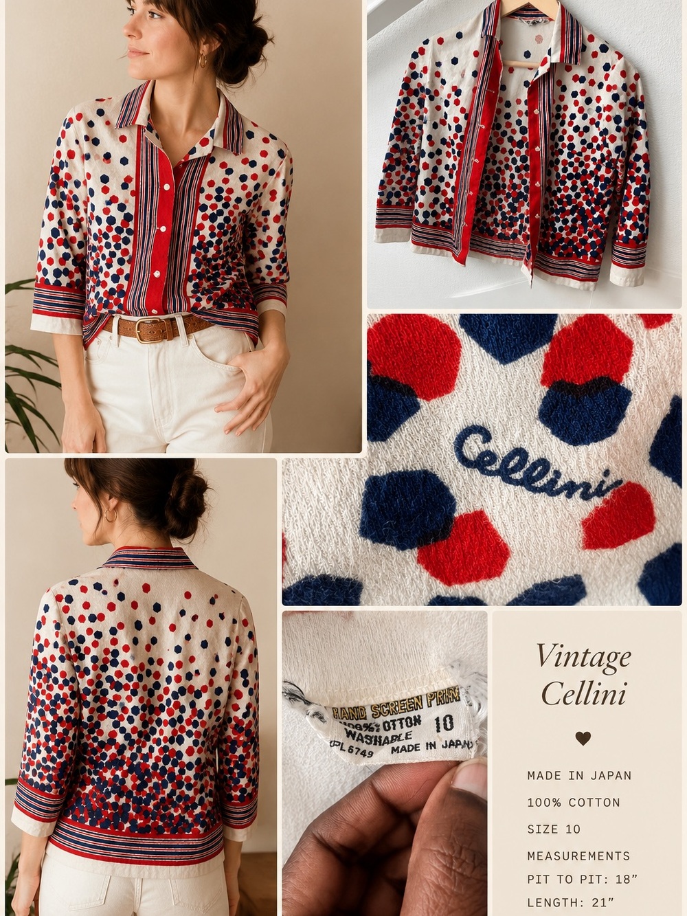 Vintage Cellini Japan Abstract Geometric Print red white blue cotton Top 10.